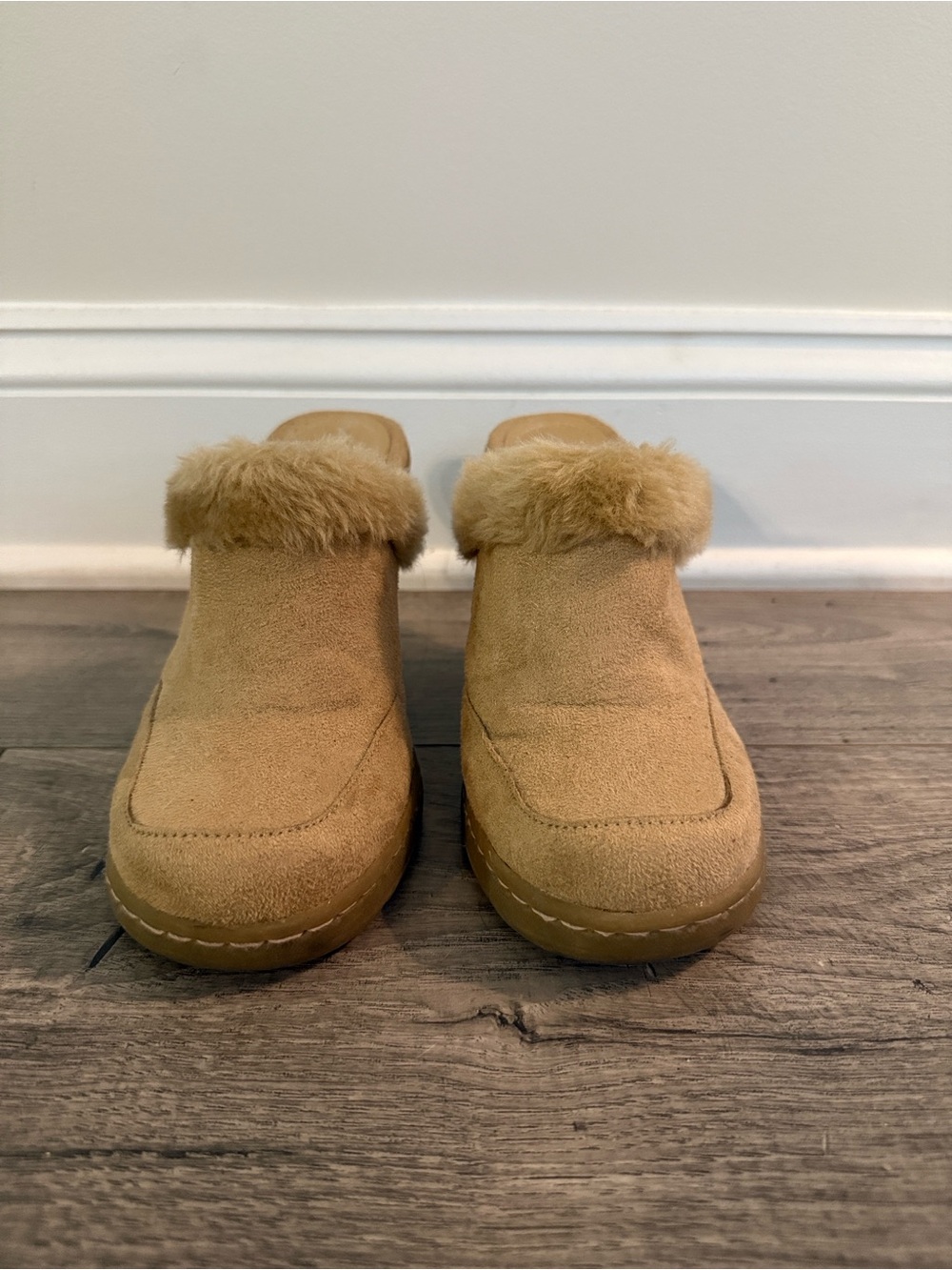 Anne Michelle Tan Suede Faux Fur Clog Mules
